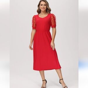 89th & Madison NWT Red Heart Print Puff Sleeve Midi Dress Women's Size S